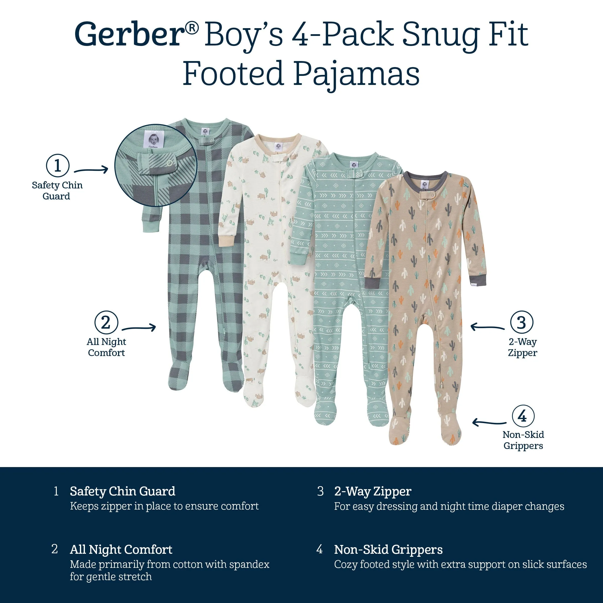 4-Pack Baby & Toddler Boys Desert Animals Snug Fit Footed Pajamas