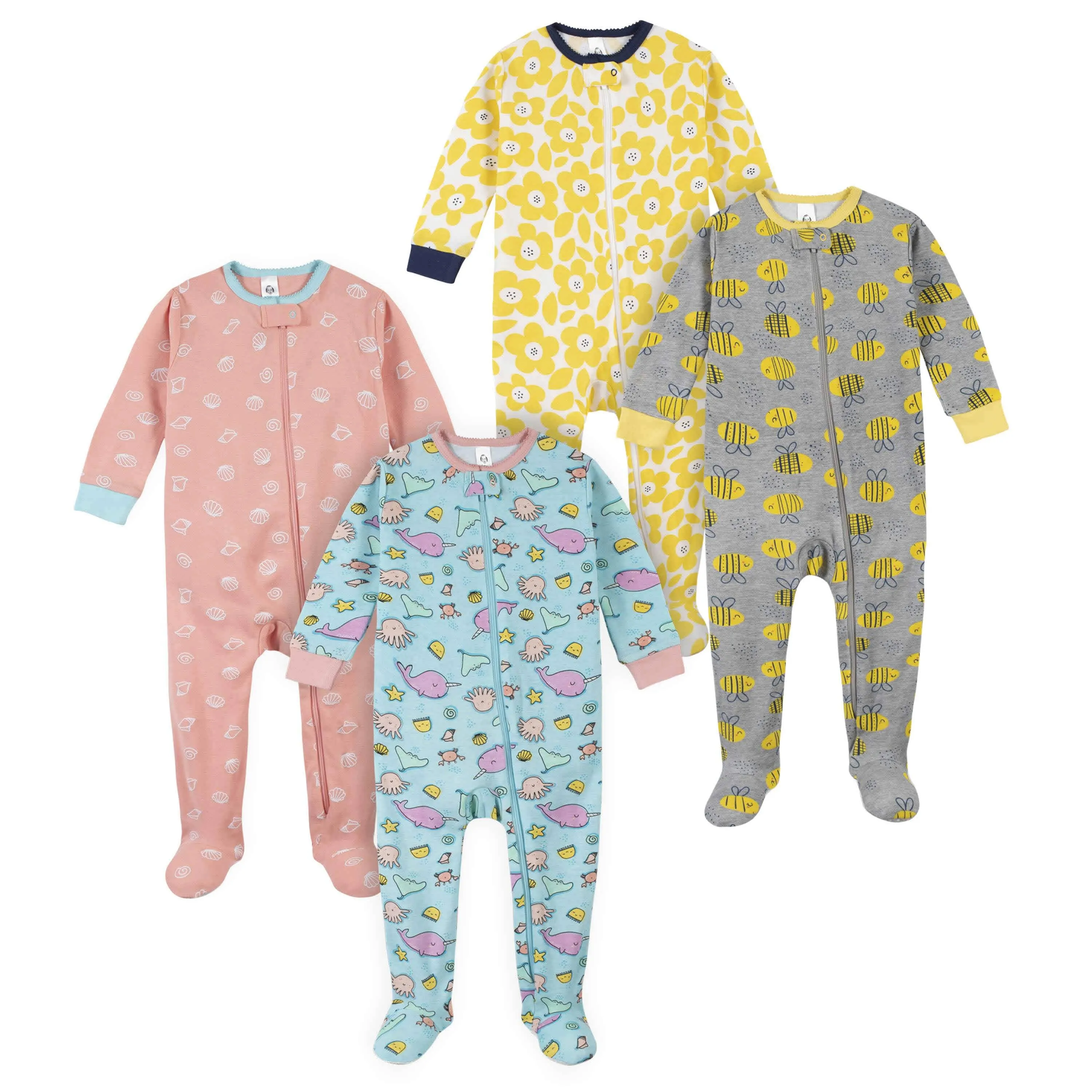 4-Pack Girls Bumblebees & Sea Animals Snug Fit Footed Cotton Pajamas