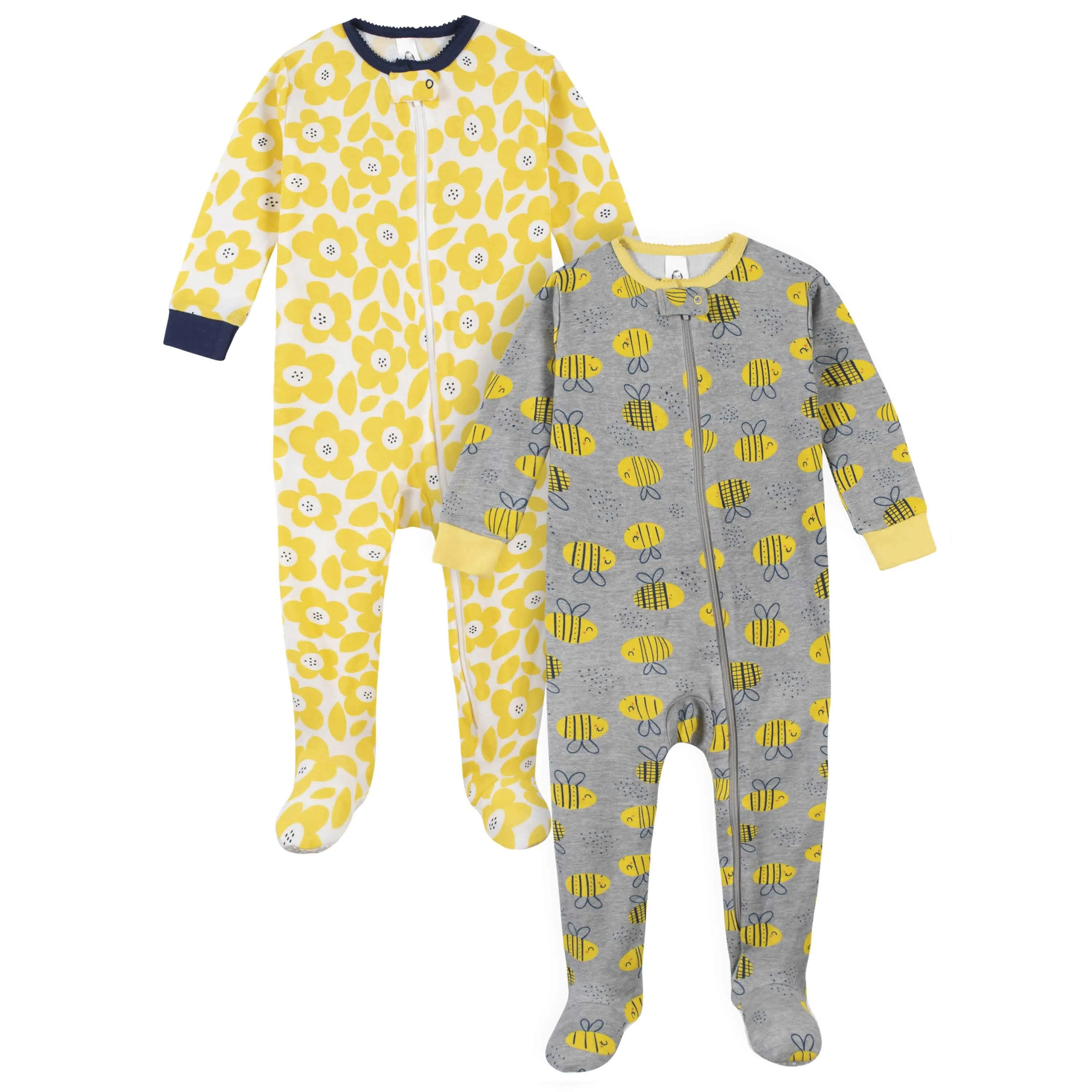 4-Pack Girls Bumblebees & Sea Animals Snug Fit Footed Cotton Pajamas