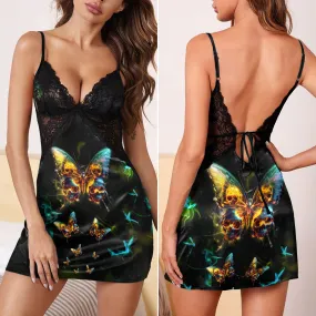 Abstract Butterfly Skull Women's Back Lace Babydolls Nightgowns