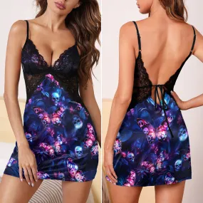 Abstract Skull Butterfly Nightmare Women's Back Lace Babydolls Nightgowns