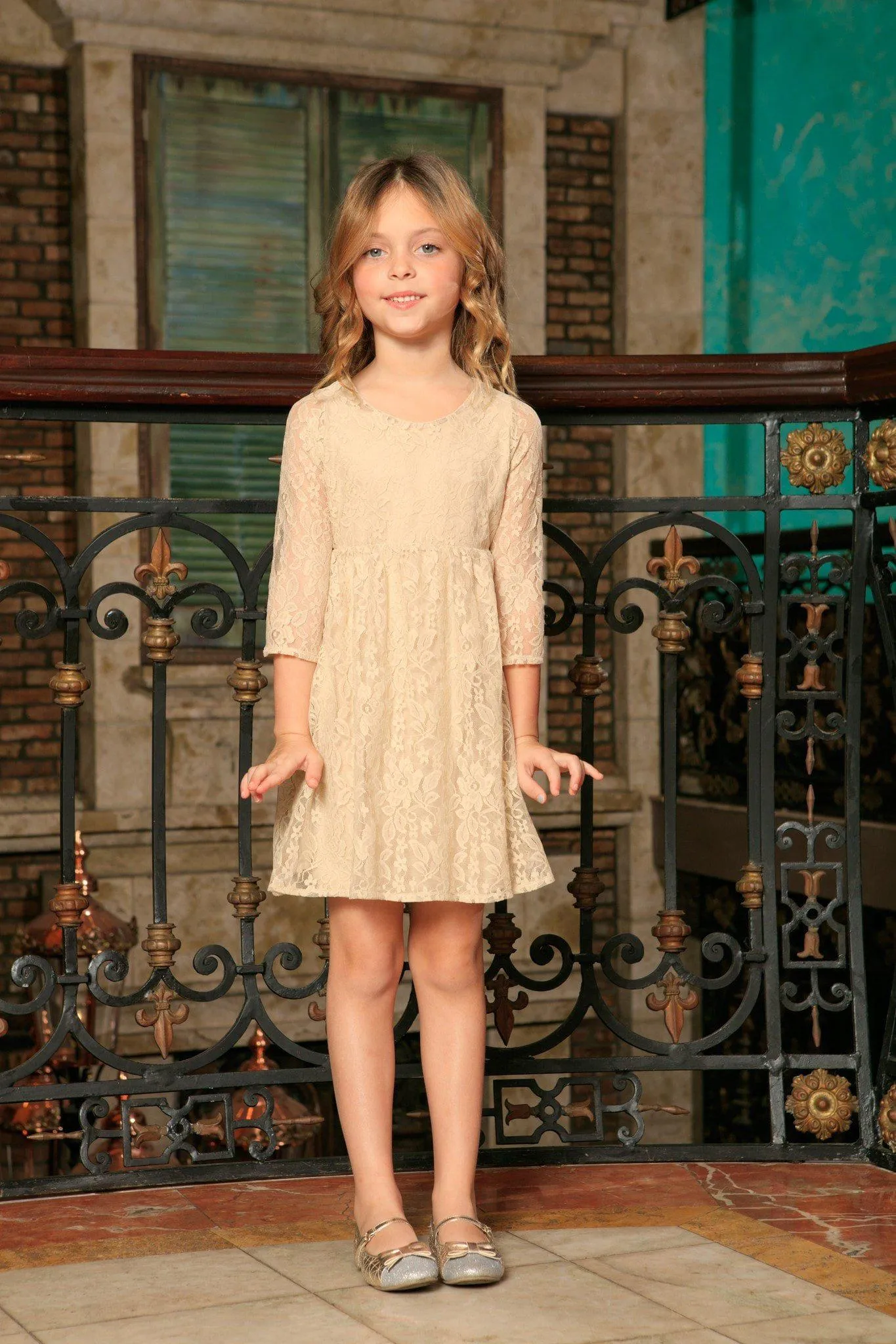 Beige Stretchy Lace Empire Waist Half Sleeve Day Mother Daughter Dress