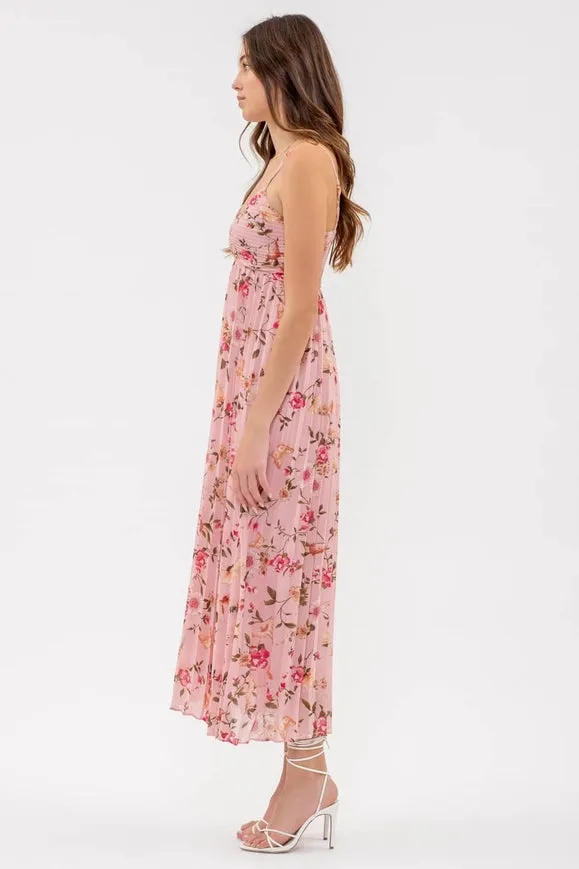 Bird and Floral Print Pleated Midi Dress