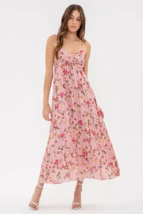 Bird and Floral Print Pleated Midi Dress