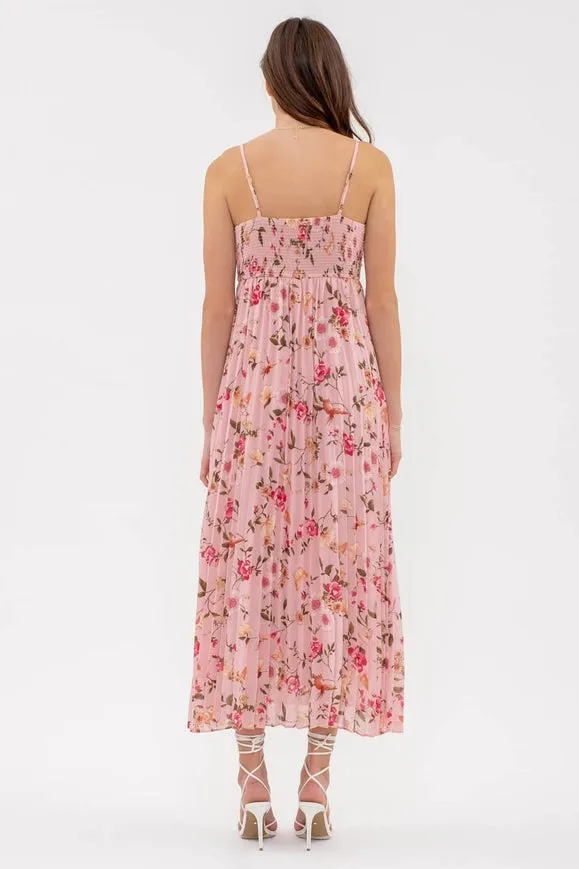 Bird and Floral Print Pleated Midi Dress