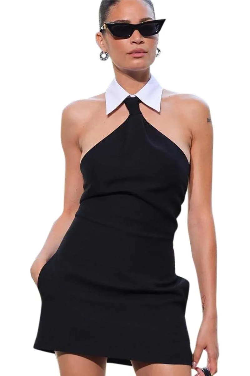 Black fitted dress with shirt collar