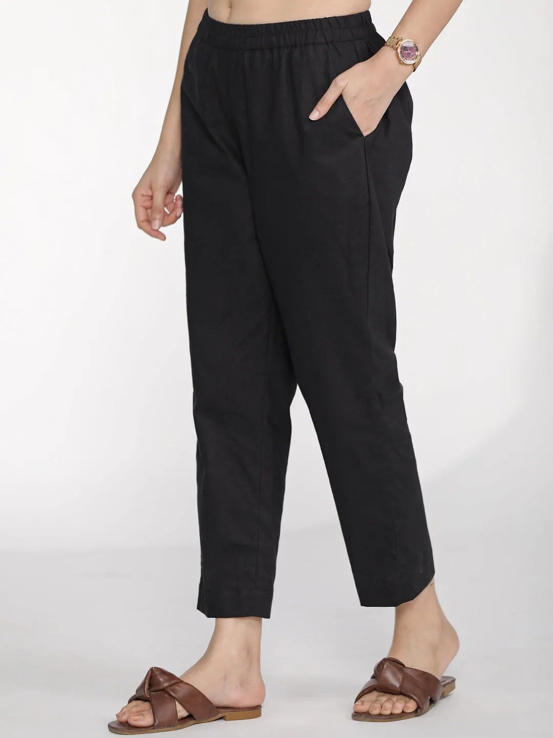 Black Poplin HighLowKurti & Tapered Pants