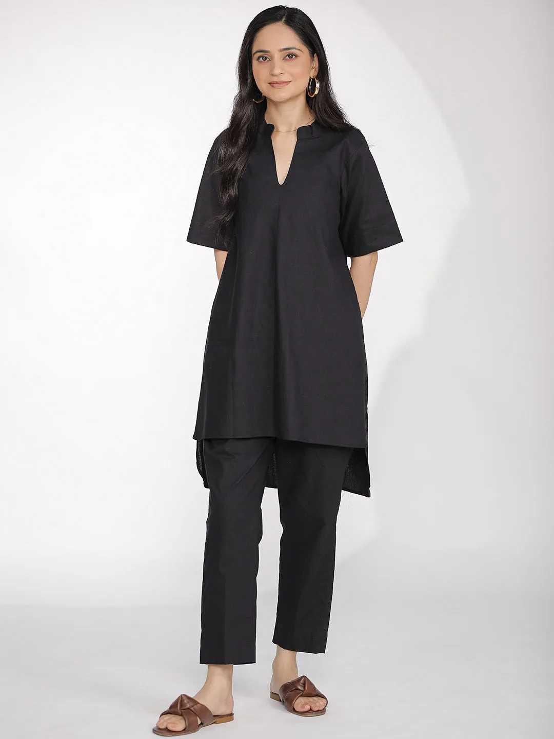 Black Poplin HighLowKurti & Tapered Pants