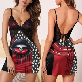 Black Red Skull Lip Women's Back Lace Babydolls Nightgowns