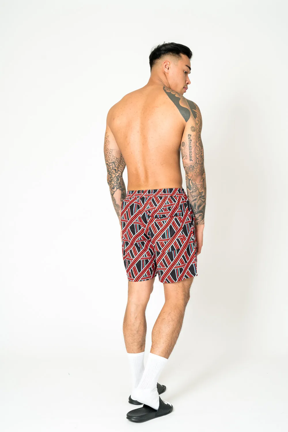 Black Relaxed Red & Black Geometric Shorts