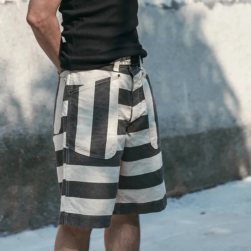 Black White Prison Striped Shorts - Vintage Men's Relaxed Fit Work Pants