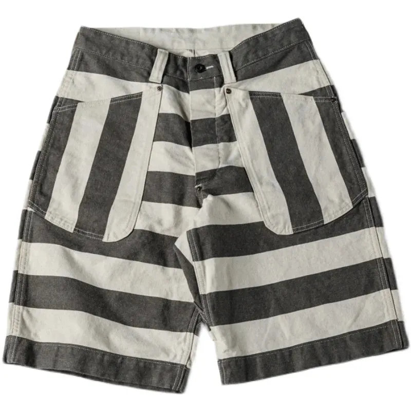 Black White Prison Striped Shorts - Vintage Men's Relaxed Fit Work Pants