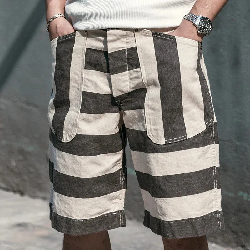 Black White Prison Striped Shorts - Vintage Men's Relaxed Fit Work Pants