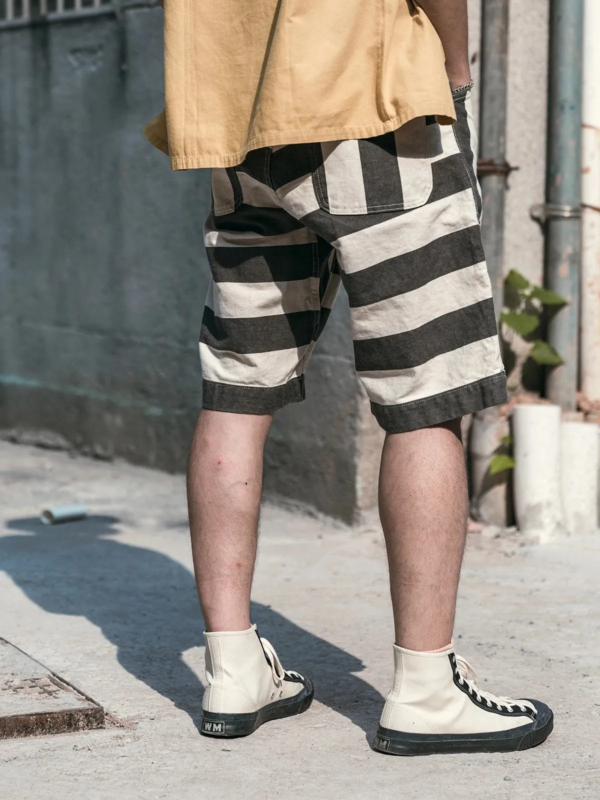 Black White Prison Striped Shorts - Vintage Men's Relaxed Fit Work Pants