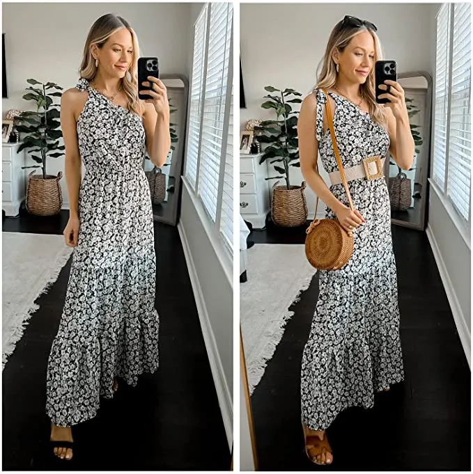 Black White Women's Summer Floral Maxi Dresses - Prettygarden