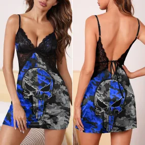 Blue Camo Skull Art Women's Back Lace Babydolls Nightgowns