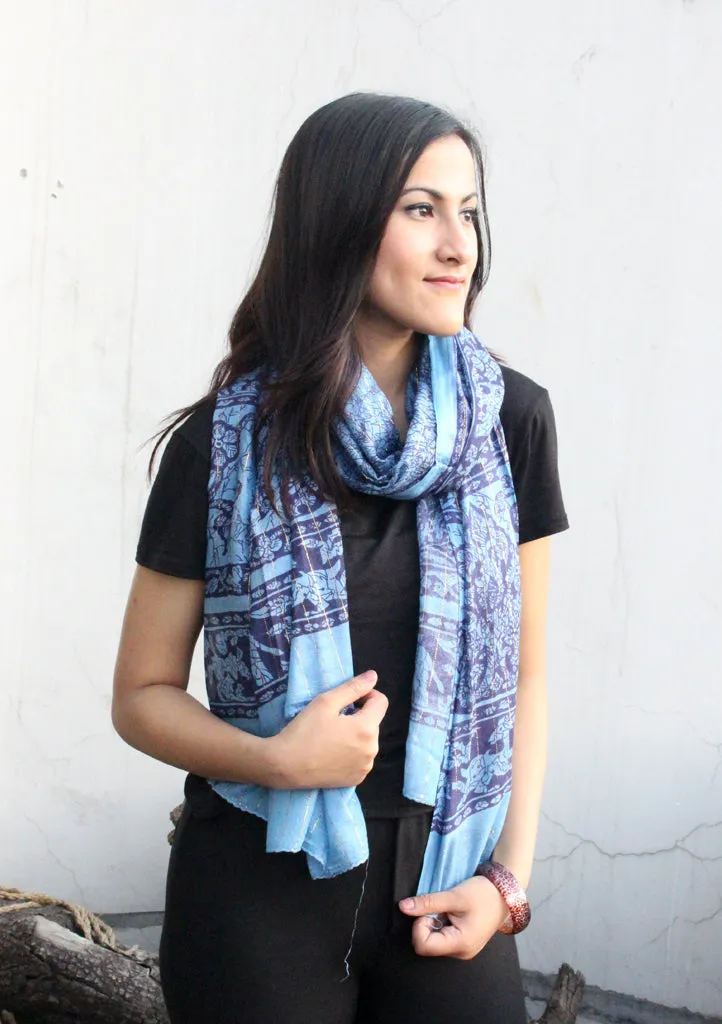 Blue Color Cotton Flower Print Scarf From Nepal