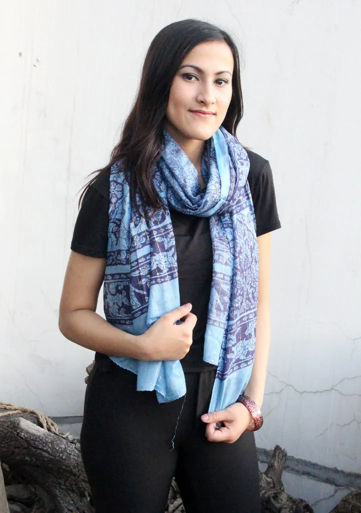 Blue Color Cotton Flower Print Scarf From Nepal