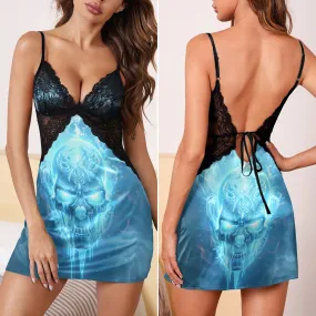 Blue Flame Skull Women's Back Lace Babydolls Nightgowns