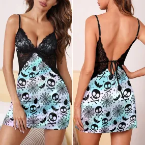 Blue Gradient Skull Bat Women's Back Lace Babydolls Nightgowns