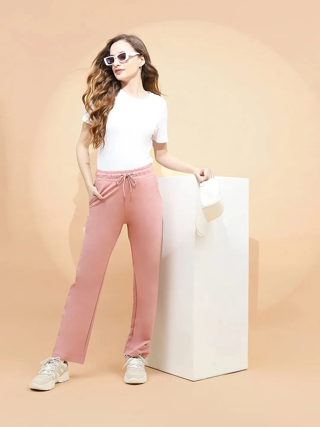 Blush Pink Cotton Blend Regular Fit Lower For Women