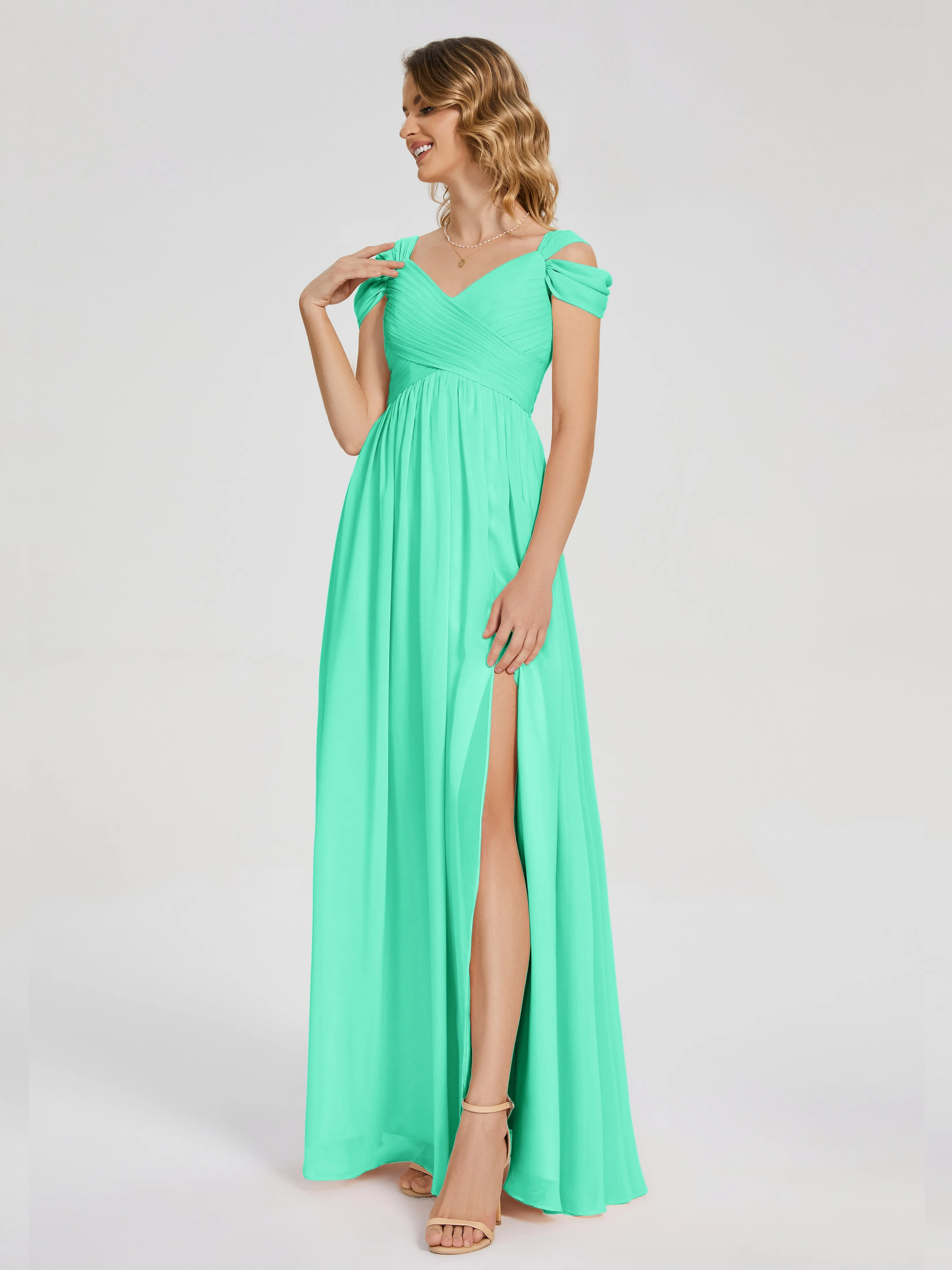 Bridesmaids Dresses In Turquoise Charlee Flowy Split Chiffon Bridesmaid Dresses