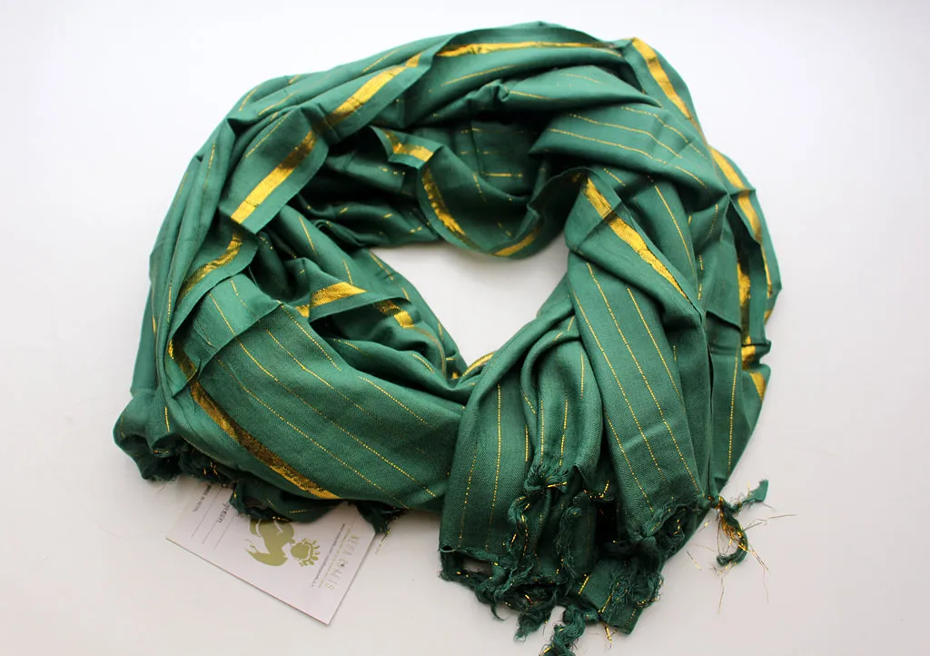 Bright Green Plain Jari Cotton Scarf with Golden Lining