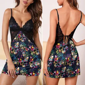 Colorful Skull Butterfly Pattern Women's Back Lace Babydolls Nightgowns