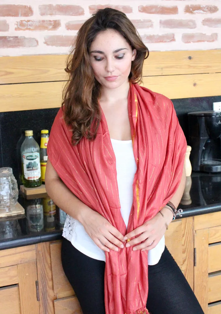 Coral Cotton Jari Shawl