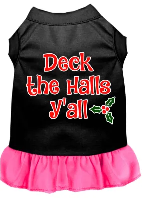 Deck The Halls Y'all Screen Print Dog Dress Black With Bright Pink Lg