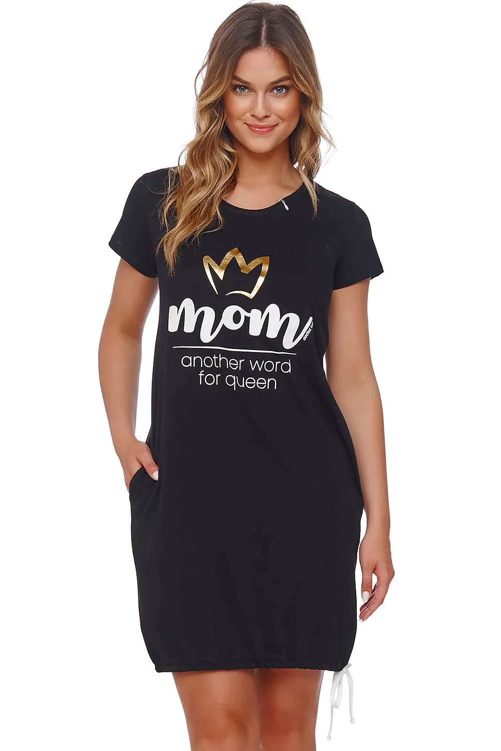 DOCTOR NAP Women's Black Maternity Nightgown with " Mom another word for Queen" Graphic Print- From Poland