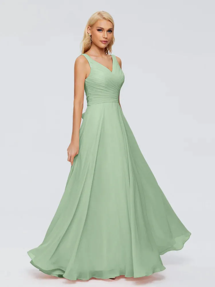 Dusty Sage Bridesmaid Ryleigh Flowy Chiffon Bridesmaid Dresses With Bow