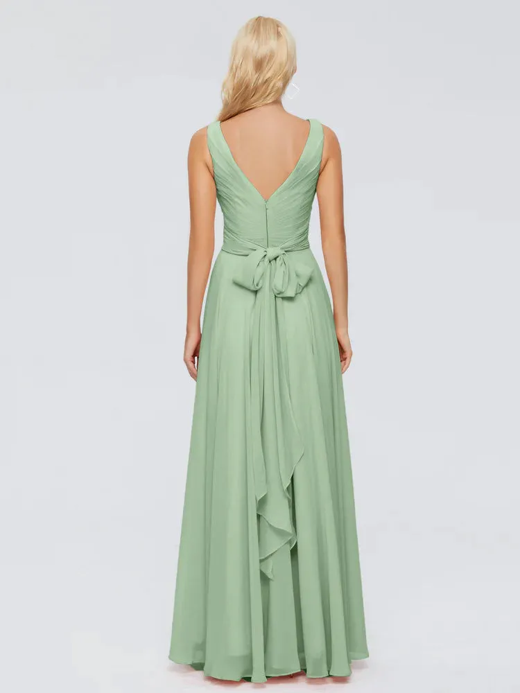 Dusty Sage Bridesmaid Ryleigh Flowy Chiffon Bridesmaid Dresses With Bow