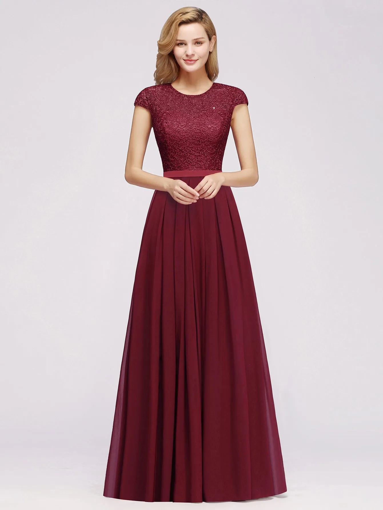 Elegant Long A-line Tulle Floral Lace Bridesmaid Dress with Cap Sleeves