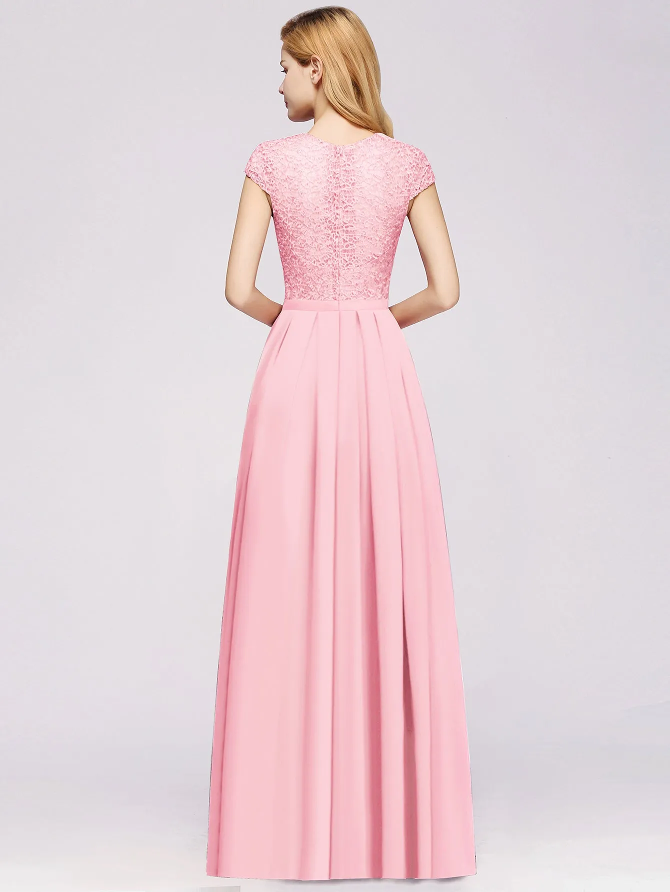 Elegant Long A-line Tulle Floral Lace Bridesmaid Dress with Cap Sleeves