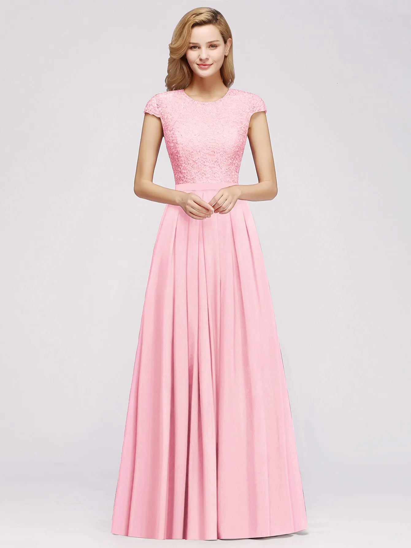 Elegant Long A-line Tulle Floral Lace Bridesmaid Dress with Cap Sleeves