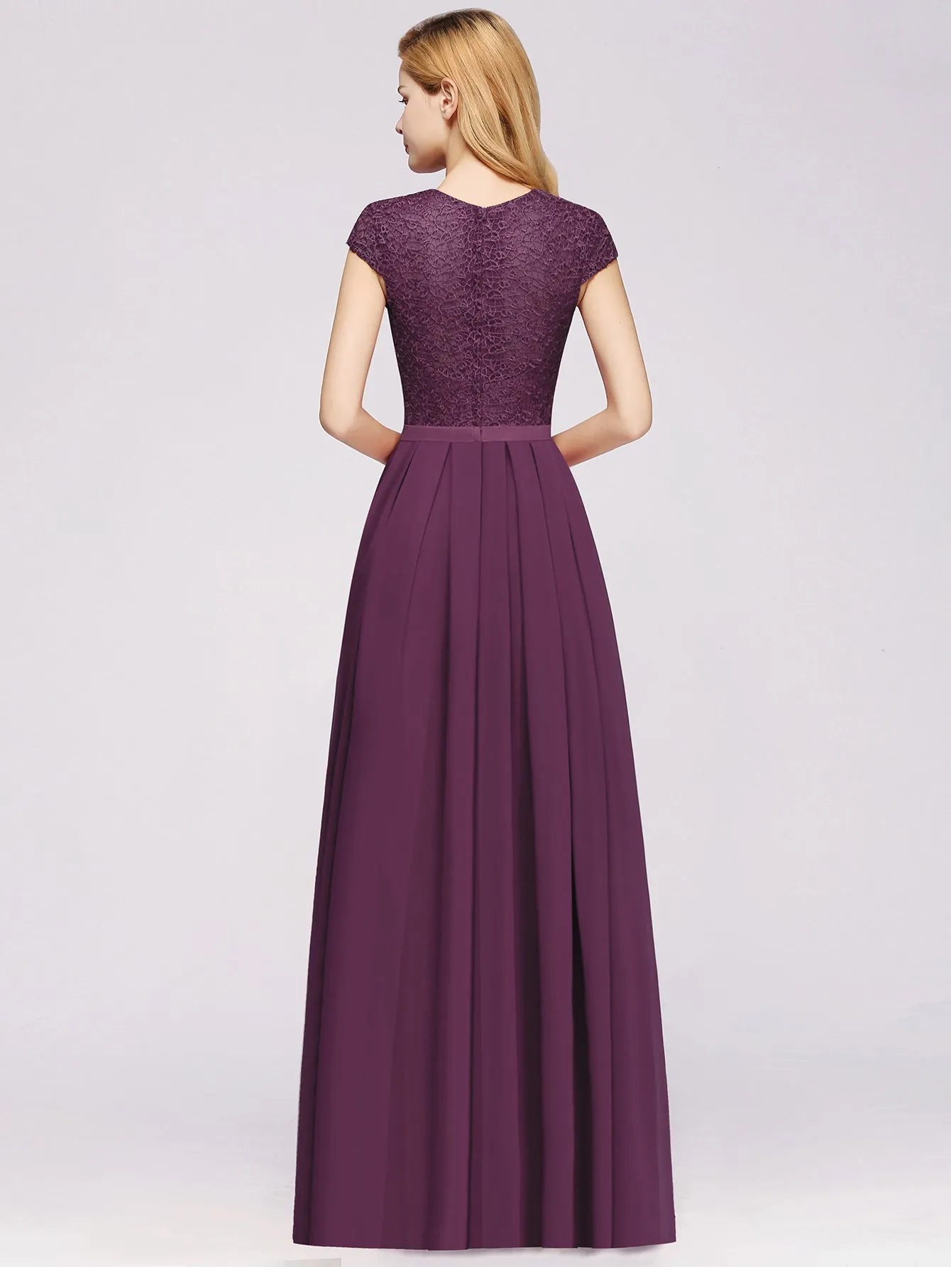 Elegant Long A-line Tulle Floral Lace Bridesmaid Dress with Cap Sleeves