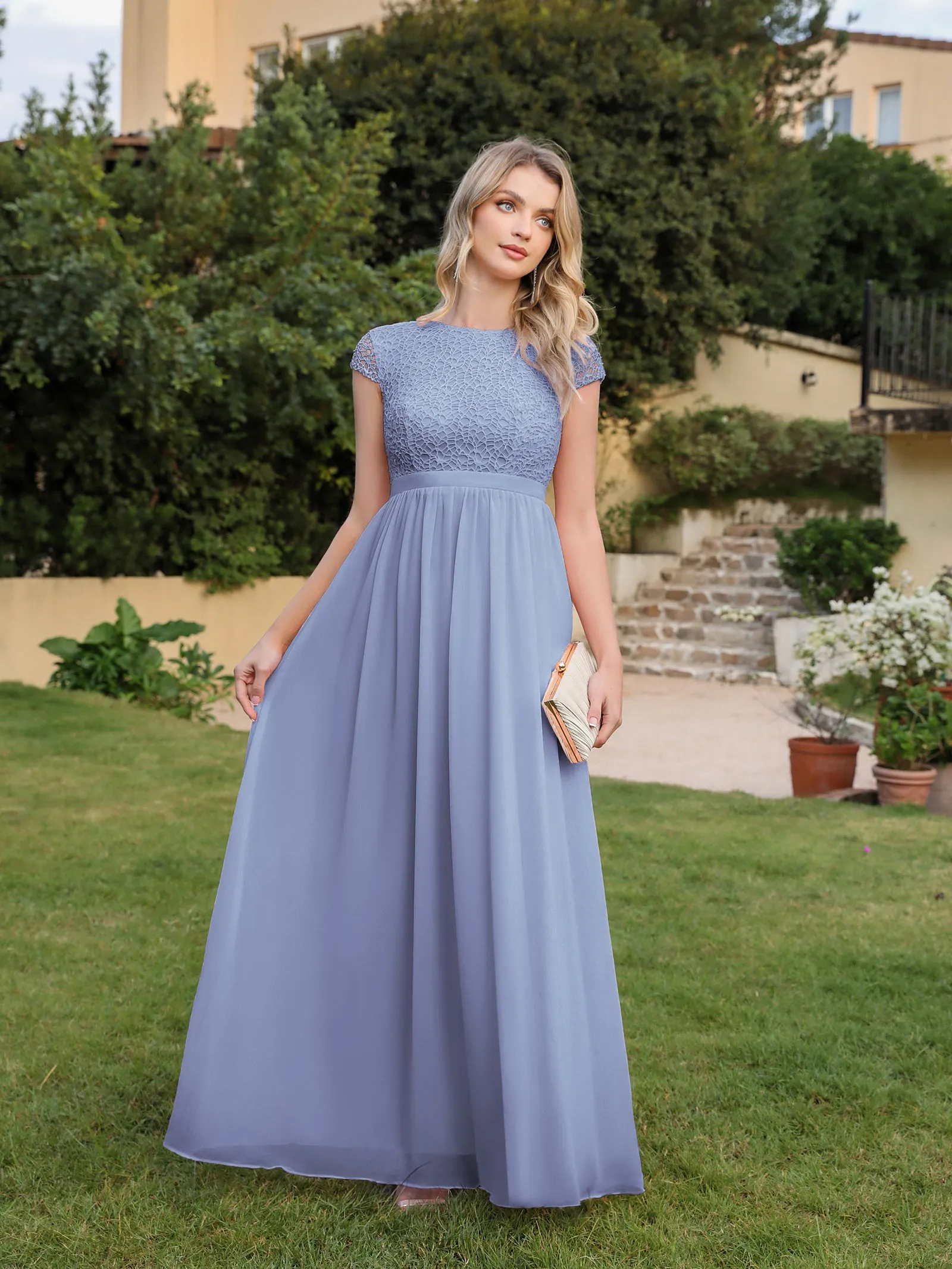 Elegant Long A-line Tulle Floral Lace Bridesmaid Dress with Cap Sleeves