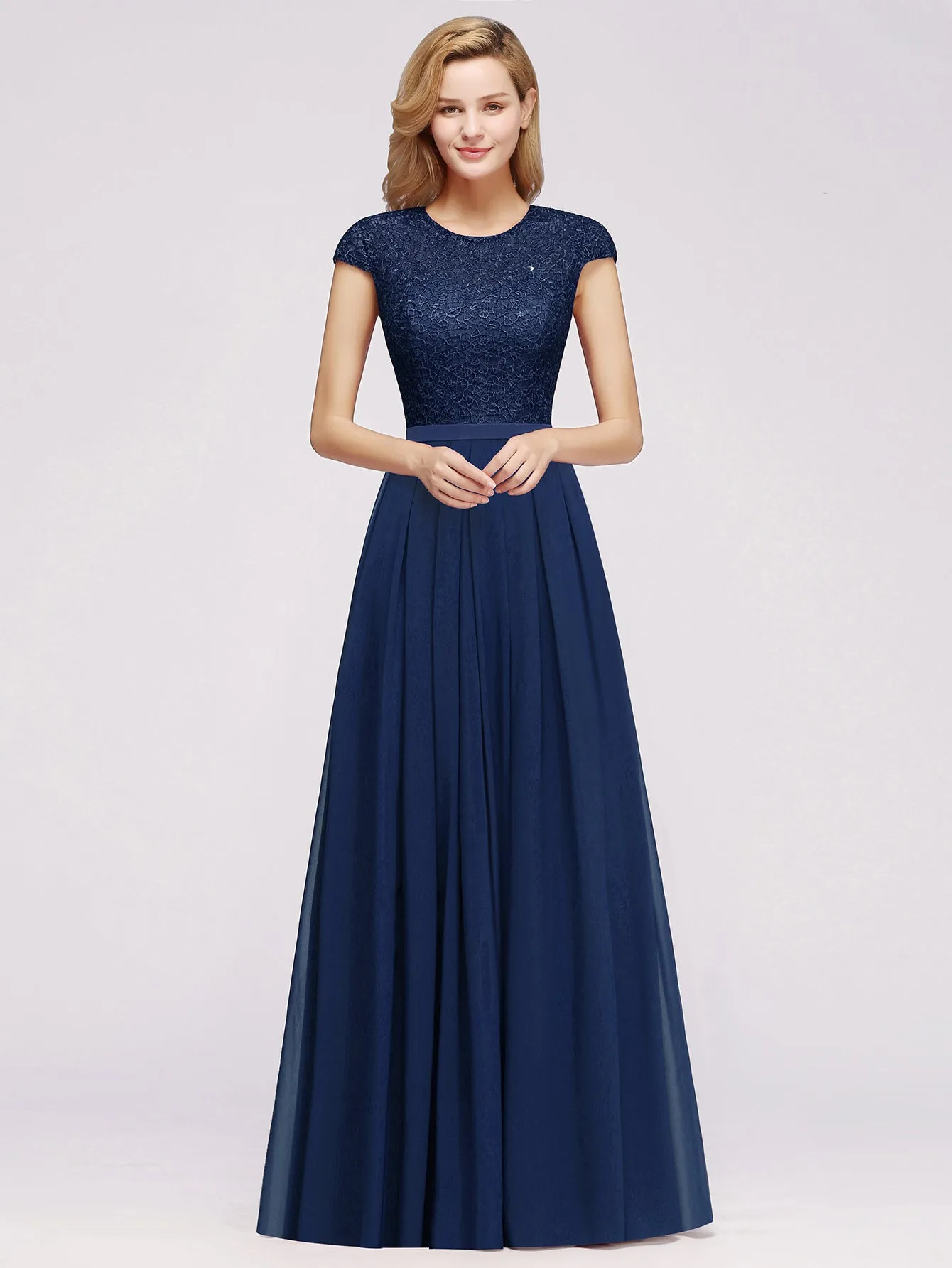 Elegant Long A-line Tulle Floral Lace Bridesmaid Dress with Cap Sleeves