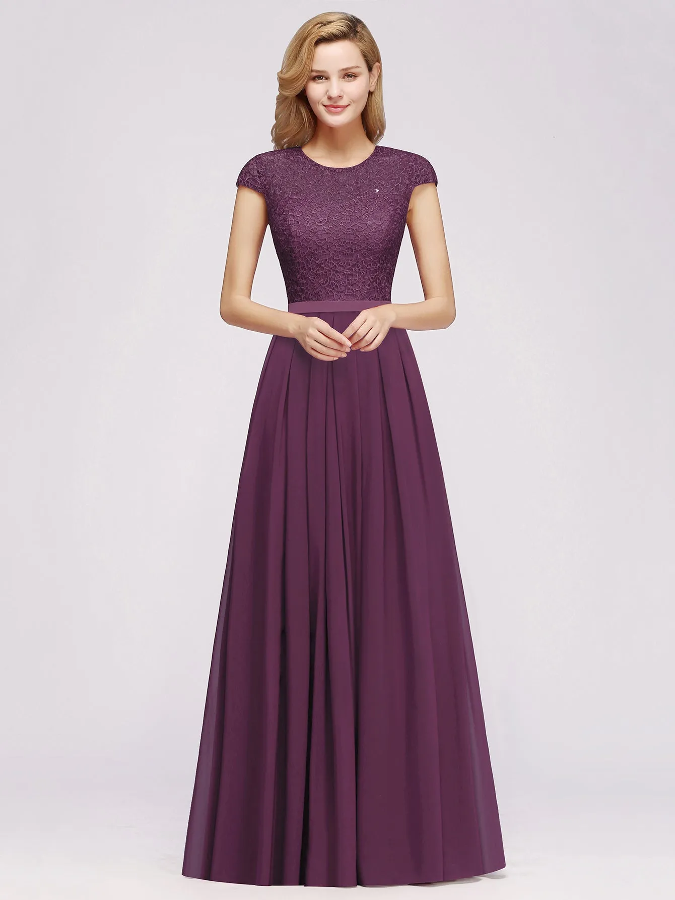 Elegant Long A-line Tulle Floral Lace Bridesmaid Dress with Cap Sleeves