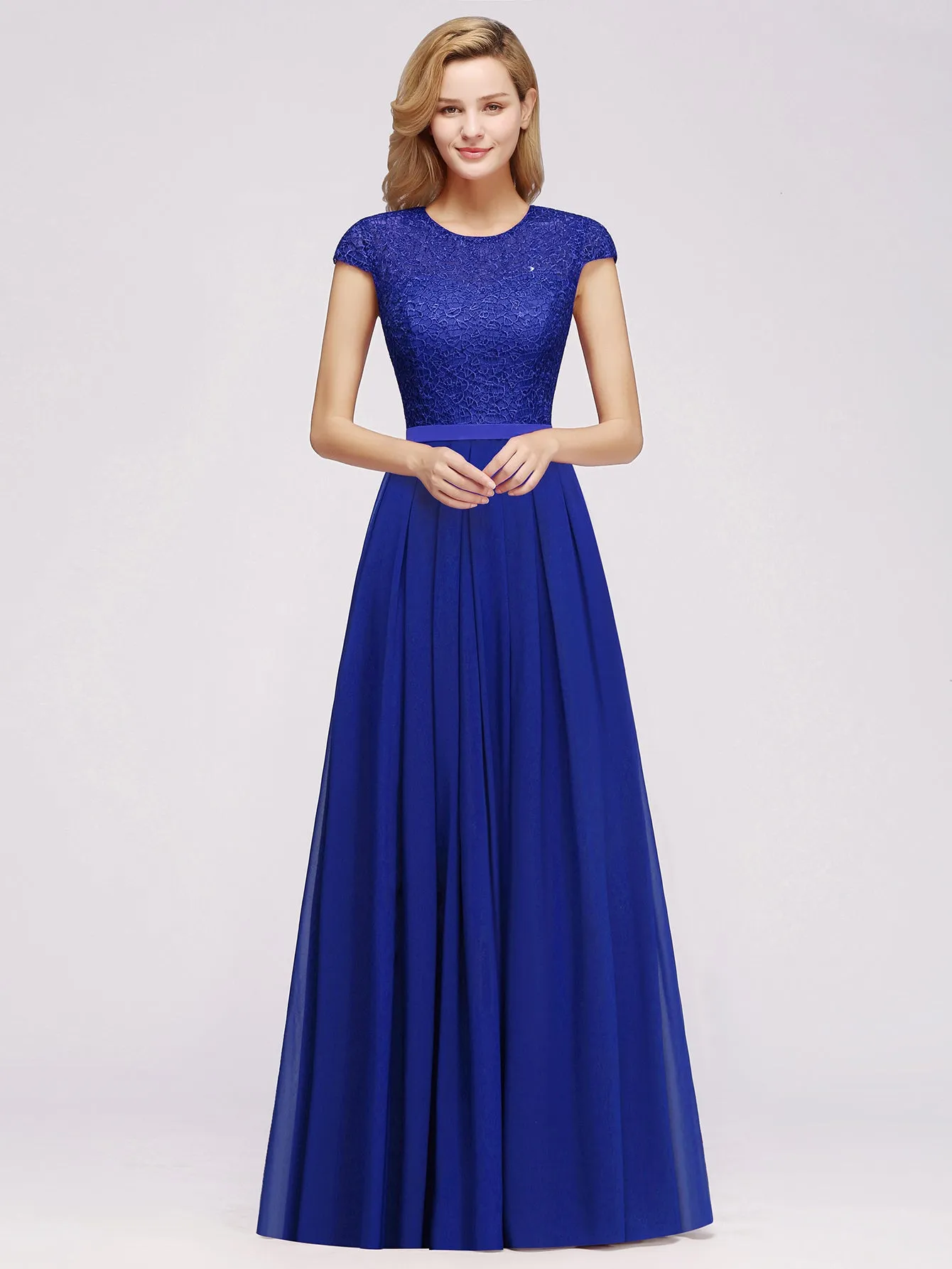 Elegant Long A-line Tulle Floral Lace Bridesmaid Dress with Cap Sleeves