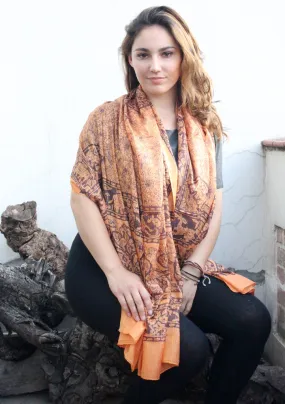 Elephant and Flower Print Orange Cotton Scarf/Shawl for Summer