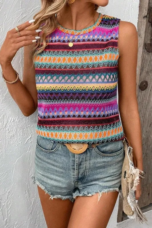 Ethnic Wavy Pattern Round Neck Sleeveless Top