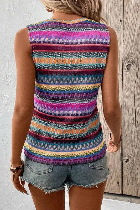 Ethnic Wavy Pattern Round Neck Sleeveless Top