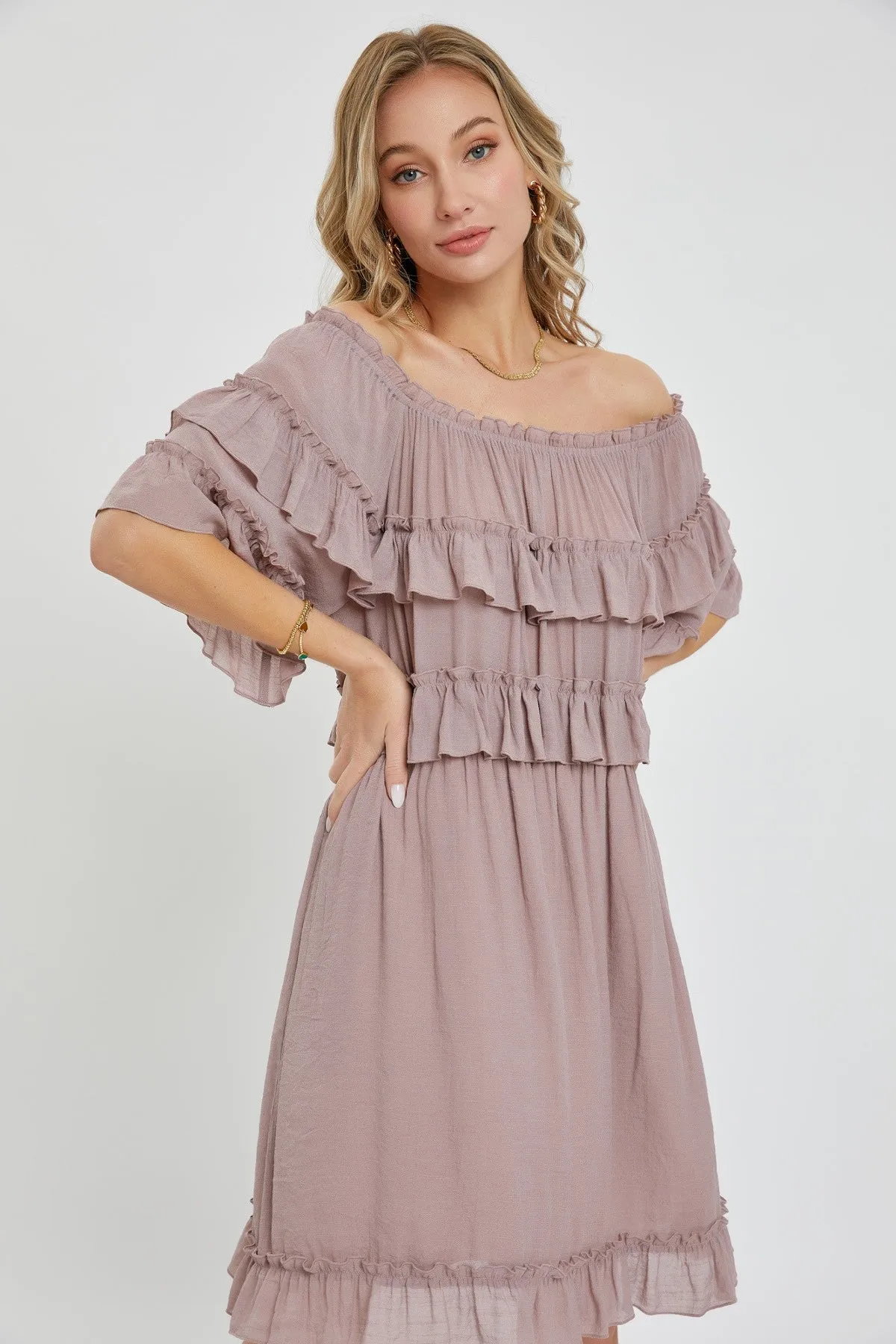 Flirty Mauve Off Shoulder Ruffle Midi Dress