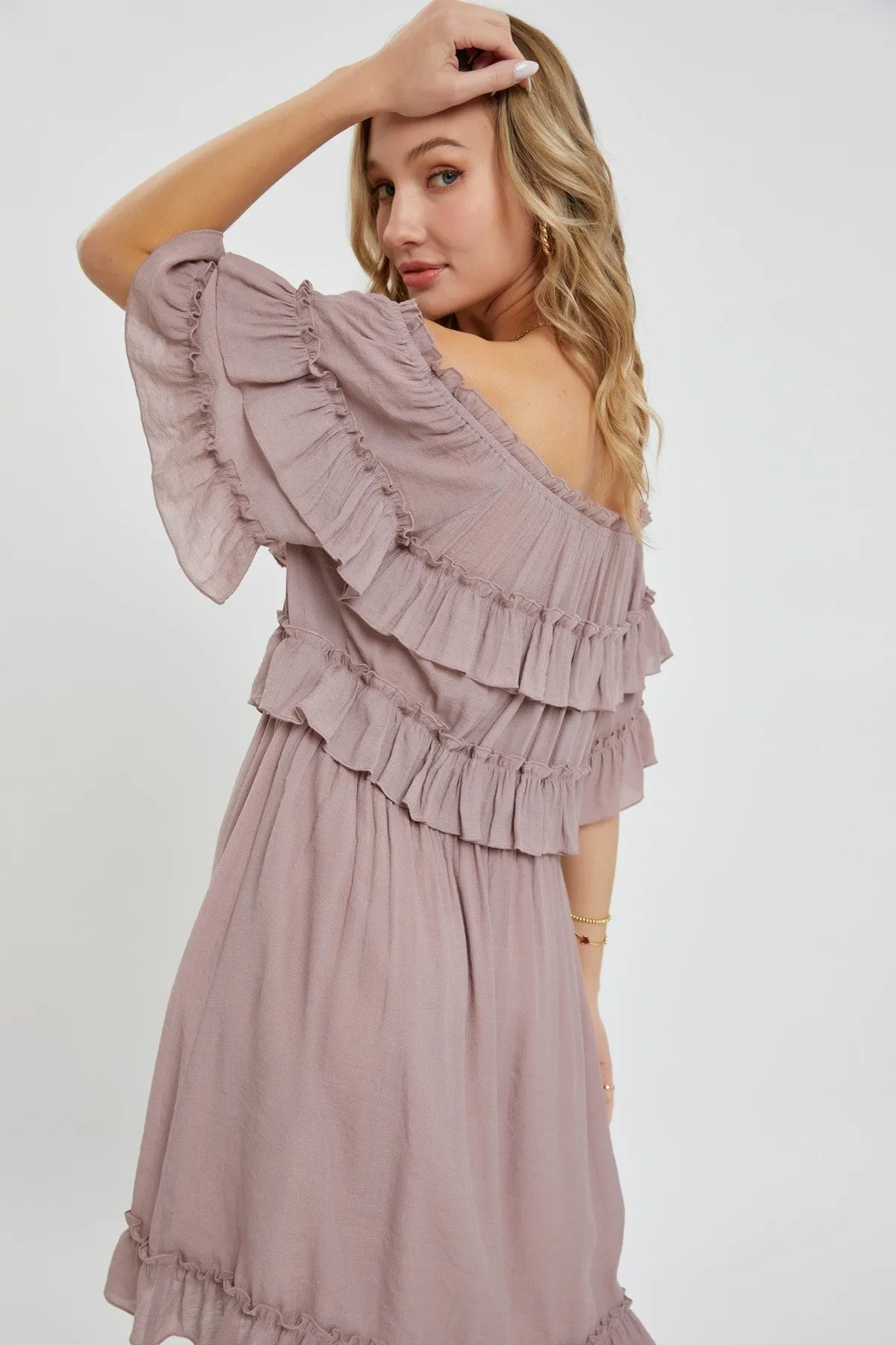 Flirty Mauve Off Shoulder Ruffle Midi Dress