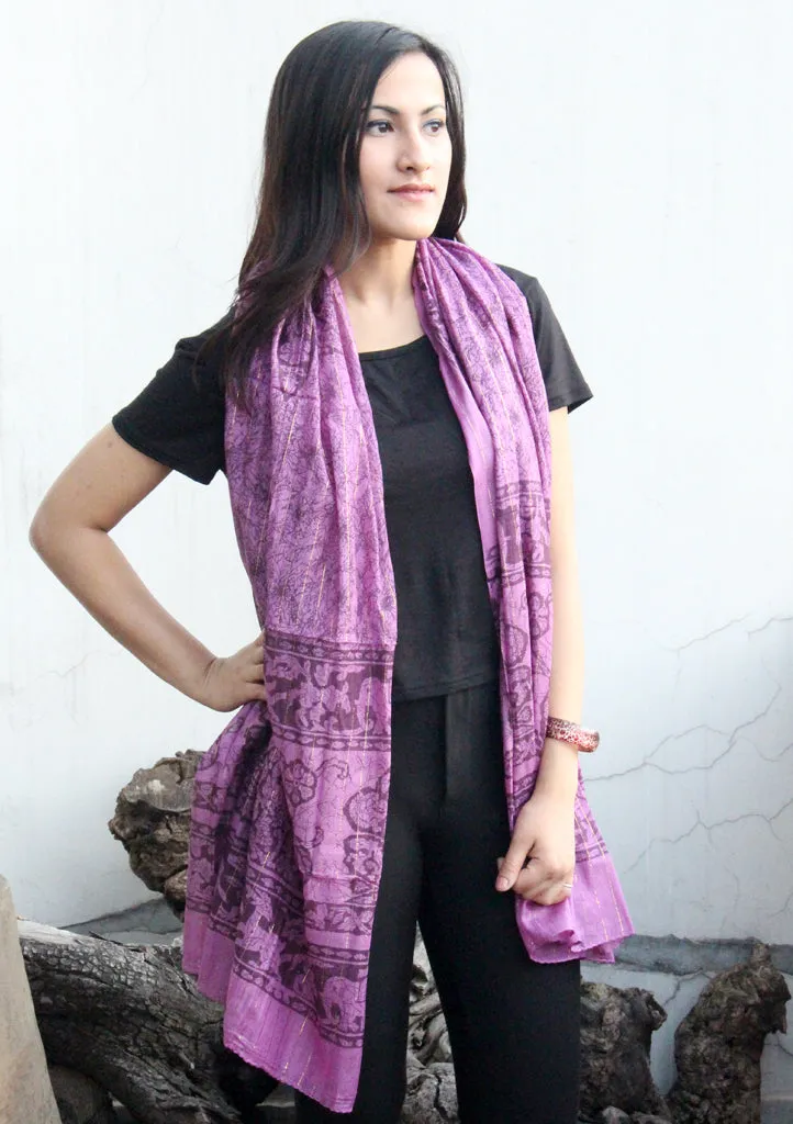 Flower and Elephant Print Purple Scarf