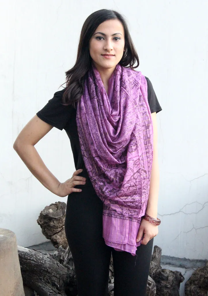 Flower and Elephant Print Purple Scarf