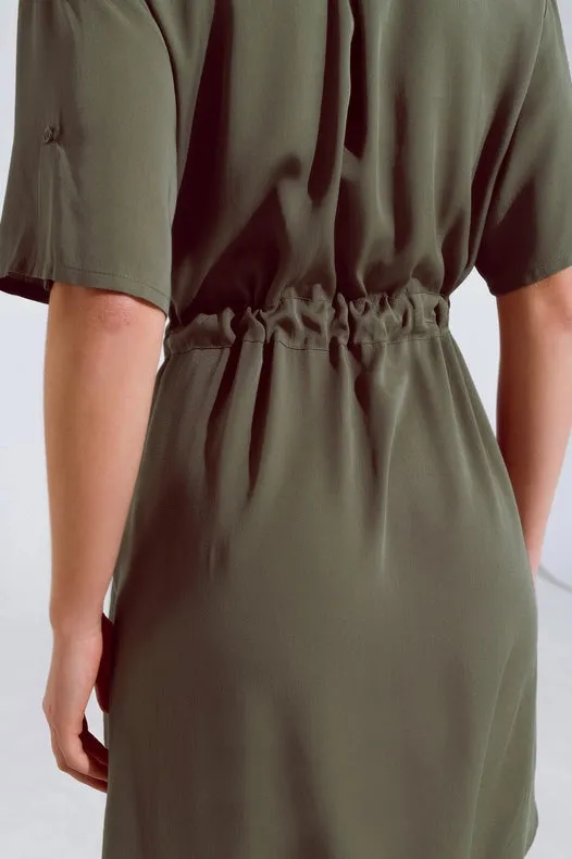 Flowy Button Up Dress With Belt And Side Pockets