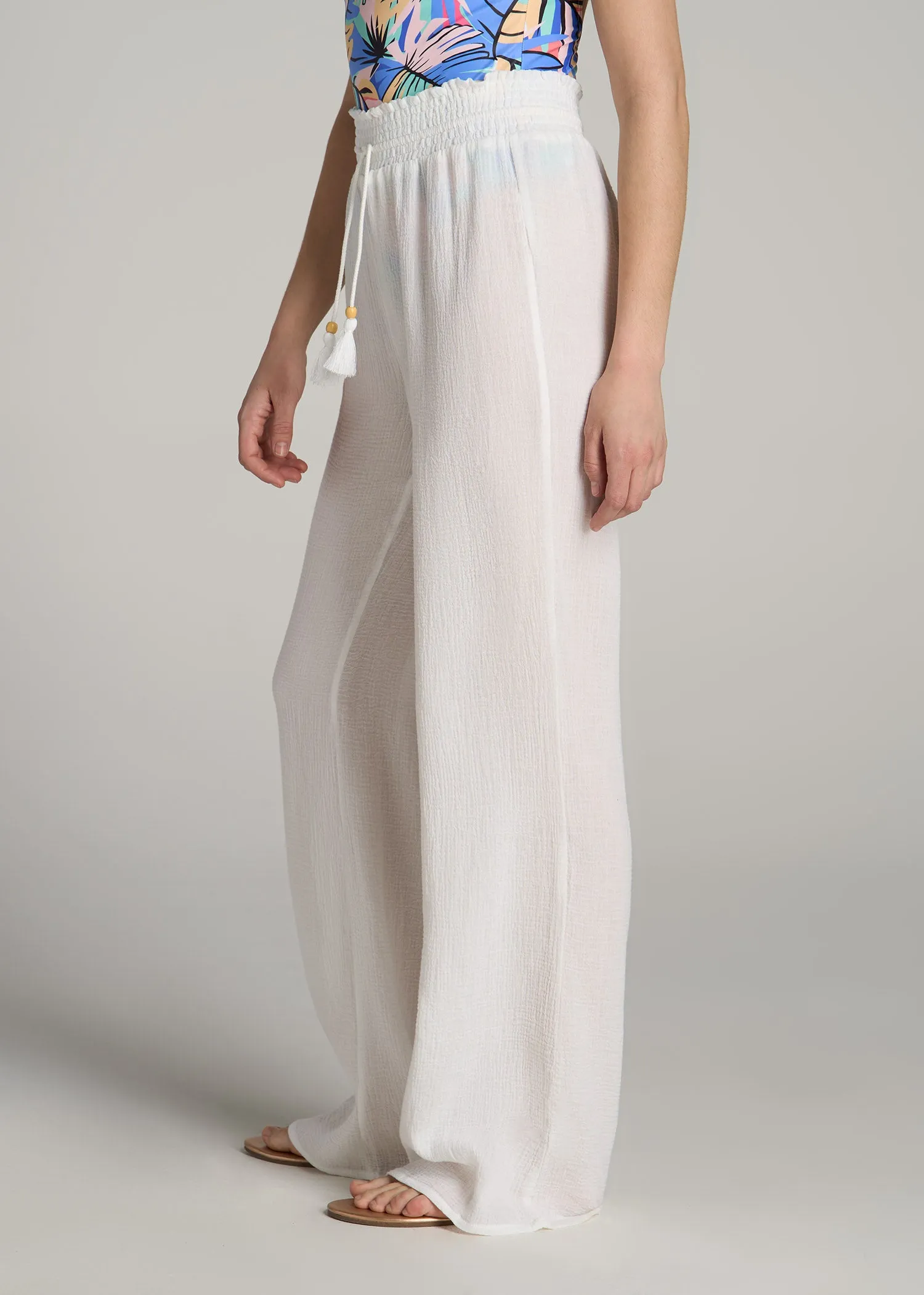 Gauze Cover Up Pants for Tall Women in Bright White